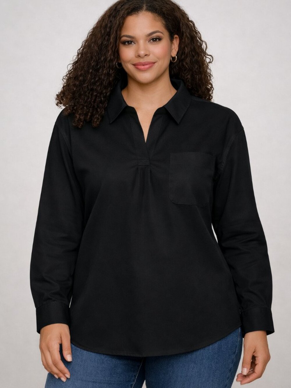 Solid Black 4 Button Long Sleeve Cotton Shirt